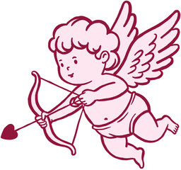 Cute cartoon illustration of Cupid angel shooting an arrow from a bow for on Valentine's Day. Simple outline artwork ideal for cards, invitations, social media and decorative designs.