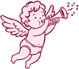 Red and pink color Valentine's day cute cupid playing the trumpet. Hand drawn Valentine's Day illustration for logos and greeting cards.