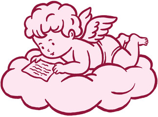 A linear illustration of Cupid lying on a soft cloud, reading a love letter. This minimal outline art conveys romance and daydreaming, perfect for Valentine's Day designs.