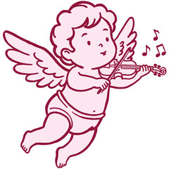 Linear illustration of cupid playing a violin on Valentine's Day. This minimal outline drawing  ideal for music-themed valentines, love concert posters, website graphics, or elegant branding projects.