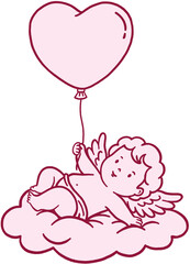 Cute cartoon illustration of Cupid with Heart Balloon on Cloud on Valentine's .Day. Perfect for Valentine's Day card, invitation, website, or romantic branding concept.