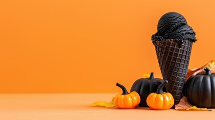 Black Ice Cream Cone with Mini Pumpkins on Orange Background for Autumn and Halloween Themes