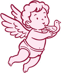 A linear illustration of Cupid gently holding a dove, symbolizing peace and pure love. This clean outline drawing is versatile for Valentine's Day, wedding designs and peace initiatives.