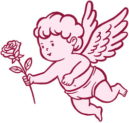 Cupid holding rose linear Illustration on Valentine's Day.