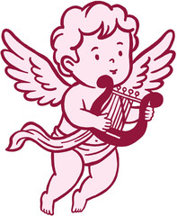 Red and pink color cupid playing lyre line art illustration.
