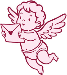 Cupid flying with letter line art on Valentine's Day.
