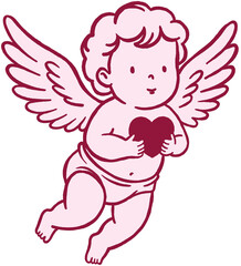 Red and pink color cupid holding heart line art.