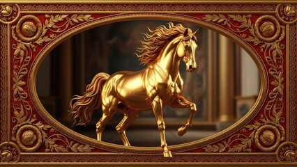 Majestic golden horse sculpture elegantly displayed within an ornate, rich red and gold baroque frame, embodying classical artistry and opulent luxury, perfect for high-end d&eacute;cor and cultural themes