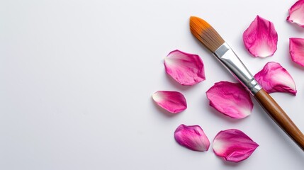 Delicate Pink Petals and Paintbrush on White Background for Creative Concepts and Artistic Expressions