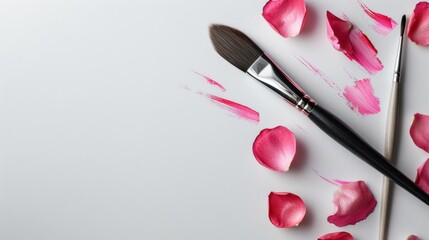 Elegant Art Supplies with Pink Rose Petals and Brushes on a Clean White Background for Creative Projects