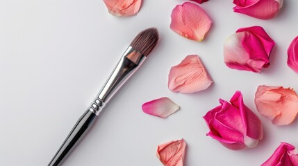 Artistic Composition of Makeup Brush and Pink Rose Petals on Soft White Background for Beauty and Fashion Themes