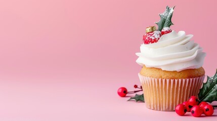 Festive Cupcake with Whipped Cream Frosting and Holiday Decorations on Pink Background