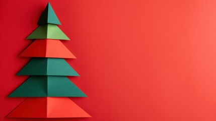 Colorful Paper Christmas Tree Decoration on Bright Red Background for Holiday Festivities and Seasonal Celebrations