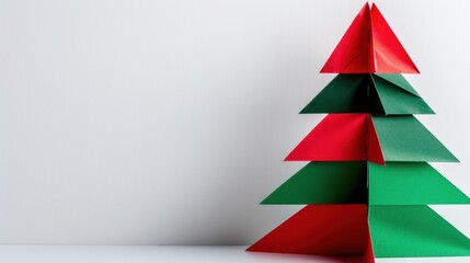 Colorful Origami Christmas Tree Made from Triangular Paper Shapes in Red and Green on a White Background