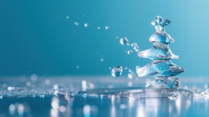 Crystal Water Christmas Tree Decoration with Splashes and Blue Background for Festive Seasonal Themes