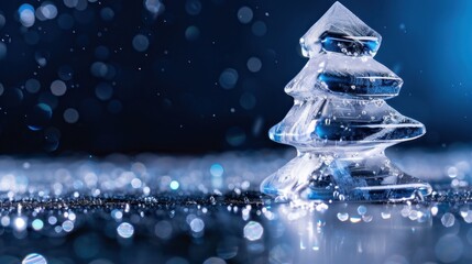 Beautiful ice Christmas tree sculpture with sparkling background in winter season setting