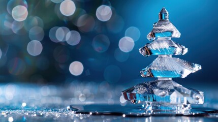 Crystal Christmas Tree Decoration on Glittering Surface with Bokeh Background for Holiday and Festive Themes