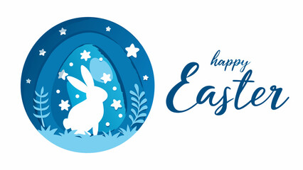 Happy Easter bunny silhouette in blue egg with stars