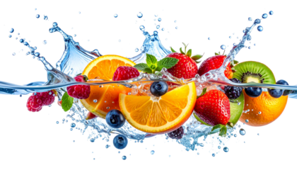 Fresh fruit pieces splashing through crystal-clear water, dynamic motion frozen in time, vibrant colors, ultra-detailed droplets, isolated on transparent background, refreshing beverage concept