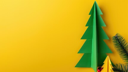 Paper Christmas tree with yellow background and decorative elements for festive holiday celebrations and creative decorations