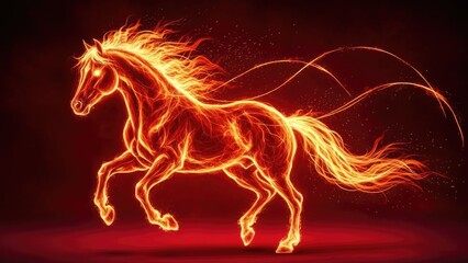 Dynamic illustration of a magnificent horse composed entirely of glowing flames and sparkling embers, exuding power and mythical energy on a dark red backdrop