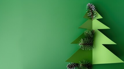 Festive Green Christmas Tree Made of Paper with Pine Cones and Green Background for Holiday Decor and Celebration