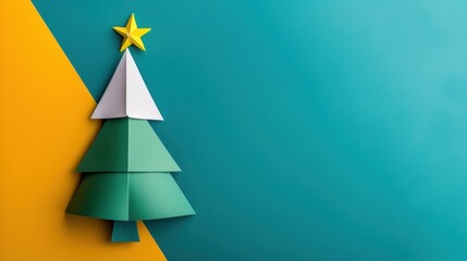 Creative Paper Craft Christmas Tree Decoration on Bright Colorful Background with Star Topper and Geometric Shapes