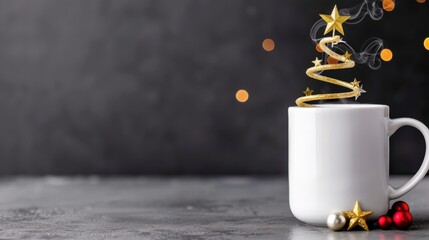 Cozy Christmas Coffee Cup with Golden Tree Decoration and Bokeh Lights on a Rustic Surface