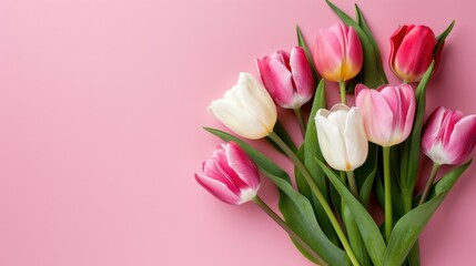 Fototapeta premium Beautiful Arrangement of Colorful Tulips on Soft Pink Background for Spring or Floral Design Concepts