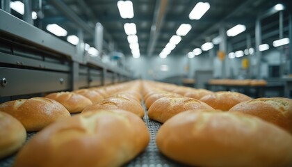Numerous fresh bread loaves move on a conveyor belt in a modern factory. Automated baking equipment creates pastries for mass retail. Food production line processes dough efficiently.