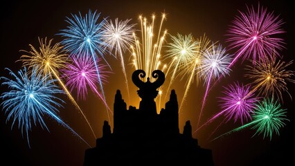 Spectacular nocturnal display of vibrant fireworks illuminating the sky above an intriguing silhouetted structure, creating a festive and celebratory atmosphere during a special event