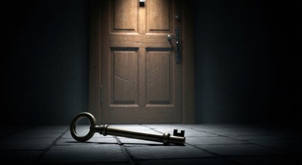 Golden key on a floor leading to a closed, aged wooden door