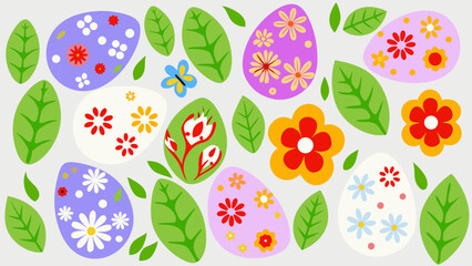 Colorful Easter eggs with flowers and leaves on white background