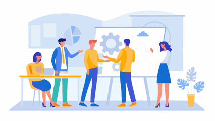 Diverse team collaborating on business project with whiteboard