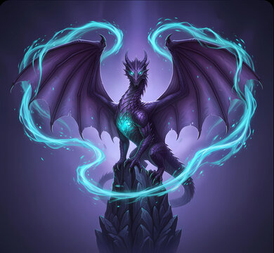Majestic purple dragon with glowing scales on a dark mystical background, dark fantasy illustration