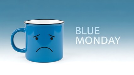 Sadness blue mug with frowning face on blue monday morning coffee