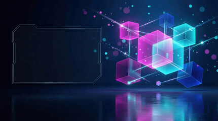 Futuristic blockchain network visual: organized 3D cubes and polygons floating above a dark reflective surface, vibrant magenta and teal highlights