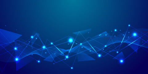 Obraz premium Abstract blue technology background with geometric triangles and glowing light particles for digital connectivity network, cyber security theme, and futuristic data science presentation design