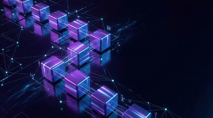 3D illustration of glowing purple and blue cubes forming a blockchain, silky smooth metallic textures, long cyberpunk-style reflections