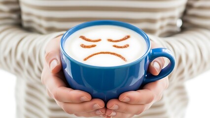Person holding blue mug with frowning face design on frothy coffee drink