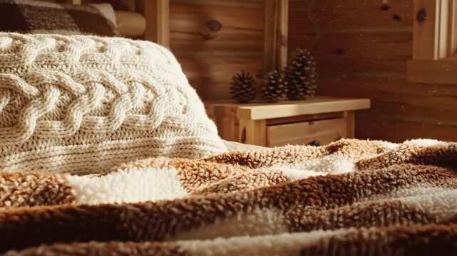 Cozy Winter Cabin Getaway With Bed Covered By Blanket Ready For Relaxing Vacation