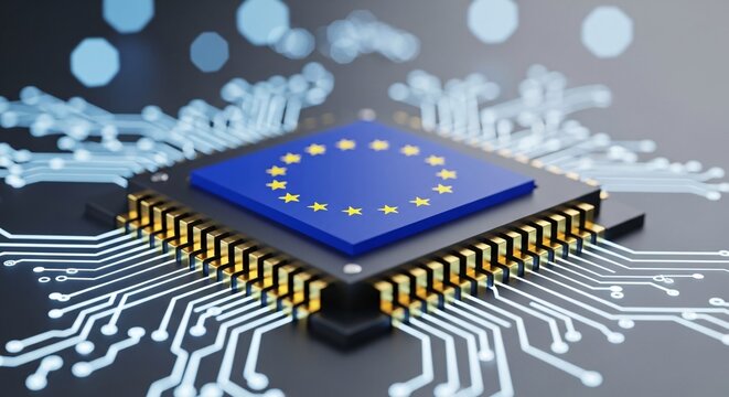 Close-up of a computer chip with European Union flag symbol on top surrounded by circuitry and digital data stream background for technology and innovation themes - Powered by Adobe