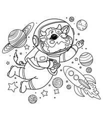 Vector illustration children's coloring book about professions. Linear cow cosmonaut