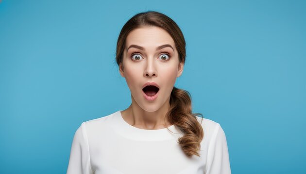 Young Woman with Surprised Expression and Open Mouth Isolated on Blue Background Studio Portrait