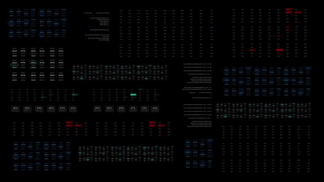 Futuristic data dashboard interface filled with dynamic alphanumeric grids, system metrics, and abstract digital panels, representing AI processing, cybersecurity monitoring 