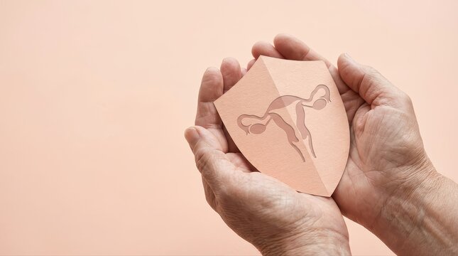 Hands holding shield with uterus on beige background: ovarian cancer , menopause Protection concept
