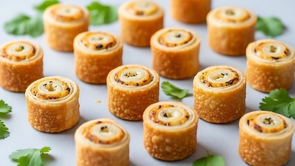Delicious crispy pinwheels with herbs on white surface, appetizing snack or meal