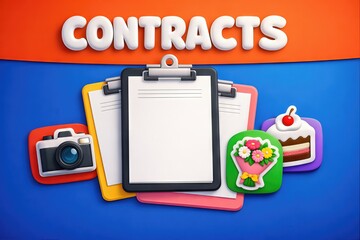 Colorful documents and contract icons symbolizing agreement and creativity in business, featuring illustrated camera, cake, and bouquet, showcasing vibrant organizational elements