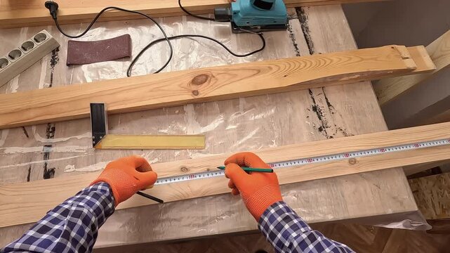 man in work clothes measures the required distance with a tape measure and marks it with a pencil on a wooden board. Concept DIY, construction, renovation. First-person view