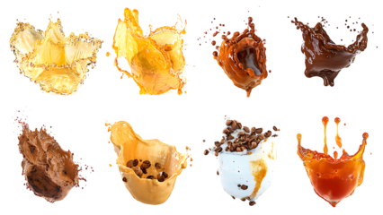 Dynamic splashes of various flavored beverages like juice, chocolate, and milk on black